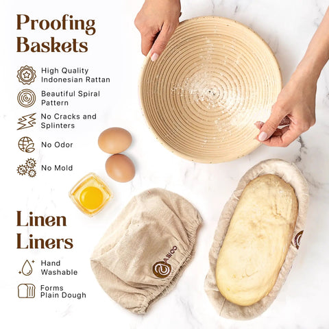 Go To Sourdough Starter Kit With 10 Inch Round And 11 Inch Oval Banneton Proofing Baskets And 34oz Starter Jar features rattan baskets