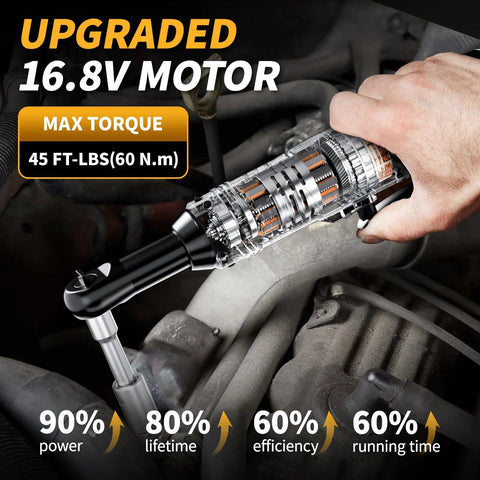 Cordless Three-Eighths Inch Ratchet Wrench Set With 45 Ft Lbs Torque And Variable Speed Up To 550 RPM, 16.8 Volt Power Tool For Auto Maintenance, Easy Nuts And Bolts Tightening And Removal in engine bay