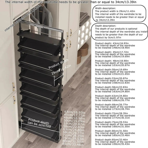 Premium Pullout Shoe Rack Organizer For Closet adjustable height display showing dimensions and fitting requirements in a wardrobe.