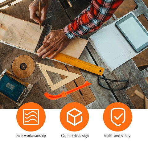 Carpenter using measuring tools with Lightweight PP Handle Woodworking Push Block and Safety Push Stick nearby for table saw use.