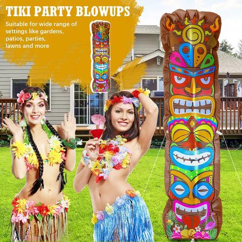 Colorful 5 ft inflatable tiki decoration with built-in LED lights beside people in Hawaiian attire for outdoor luau party.