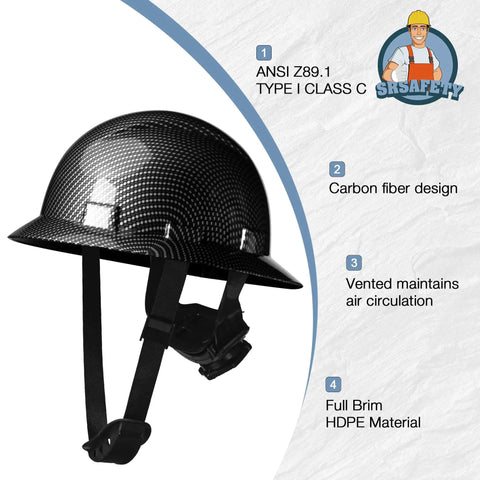 Full Brim Hard Hat With Carbon Fiber Design, 6 Point Adjustable Ratchet Suspension, OSHA Approved ANSI Z89.1 Type I Class C, ABS Work Helmet For Men And Women