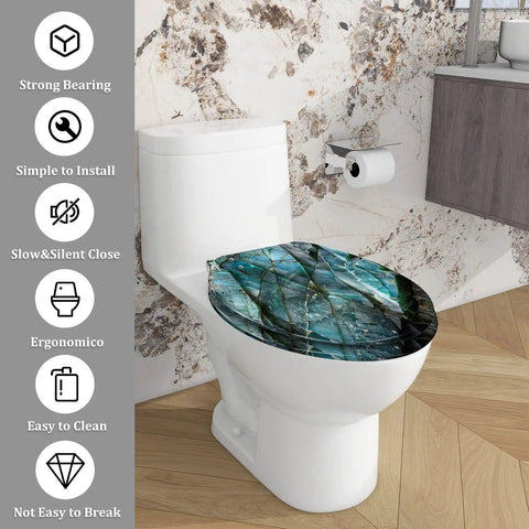 Toilet Seat Elongated for Bathroom featuring a blue marbled design on a white toilet in a modern bathroom setting.