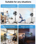 16 Inch Pedestal Floor Fan With 90 Degree Oscillation Three Speed Settings Adjustable Height Keeps Your Room Cool All Day For Bedroom Living Room Kitchen And Home Office Black shown in various home environments.
