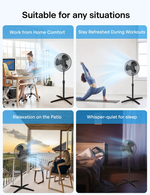16 Inch Pedestal Floor Fan With 90 Degree Oscillation Three Speed Settings Adjustable Height Keeps Your Room Cool All Day For Bedroom Living Room Kitchen And Home Office Black shown in various home environments.
