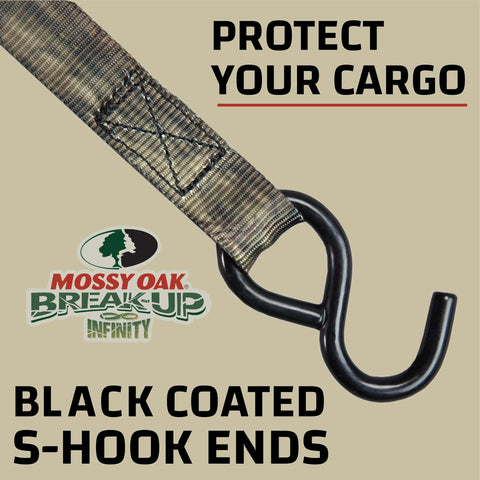 Mossy Oak Break Up Infinity Camo ratchet strap with black coated S-hook end.