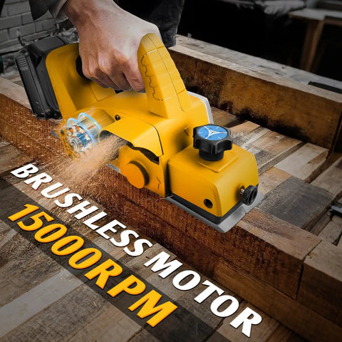 Knock Out Woodwork Projects With This Portable Cordless Handheld Planer Featuring A Beast Mode Brushless Motor And Lightning Fast Shaving Head For Zero Sweat Diy Finishing Work, shown in action on wood.