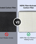 Comparison of activated carbon filter and HEPA filter with captions on smoke filtration for Solder Fume Extractor With HEPA And Activated Carbon Filter Portable Smoke Absorber For DIY Soldering Engraving Jewelry Making And Workbench Use Includes Two Magnetic Helping Hands.