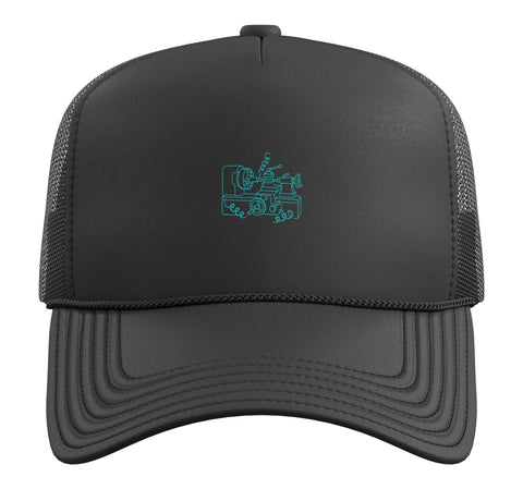 Cool Trucker Hat For Machinists With Adjustable Mesh Back And Vise Gauge Design Perfect Gift For CNC Guys Who Love Tools And Engineering Gear In Classic Black, front view with vise gauge design.