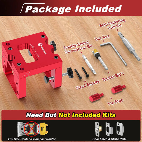 Heavy Duty Precision Aluminum Door Latch And Strike Plate Mortise Tool And Router Template Jig with included accessories.