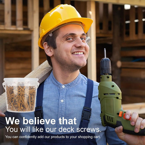 Smiling worker holding a drill and a container of Deck Screws No 8 One And A Half Inch T25 Torx Drive Flat Head Wood Screws Tan.