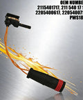 Brake Pad Wear Sensor Kit Front And Rear For Mercedes Benz W211 W220 E Class Direct OEM Replacement 2115401717 2205400617 2205400717 Compatible Brake Warning Line Included Easy Install, black plastic wire sensor with OEM numbers