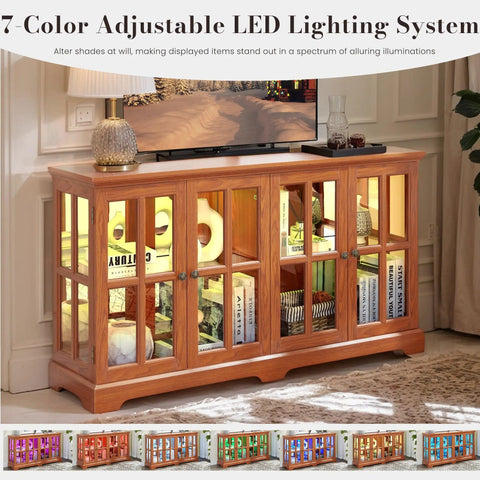 59 Inch LED Curio Cabinet With Seven Color Lights, a vintage glass display case, dark oak finish, in living room setting
