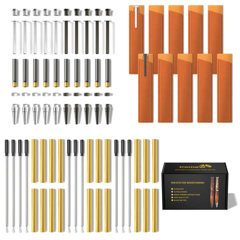 Ten Pack Woodturning Pen Kits Titanium Silver Finish With Bonus Ten Covers And Dope Black Ink Ballpoint Slimline Rollerball Twist Set