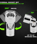 One Quarter Inch Drive Universal Joint Socket Set With Swivel Heads Six Point SAE Three Sixteenths To Nine Sixteenths Inch And Metric Five To Fifteen Millimeter CR-V Steel Flex Sockets For Easy Access In Tight Spaces, 360 swivel and 40° working angle