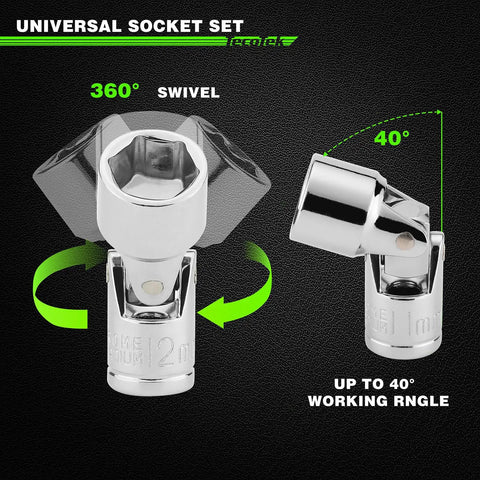 One Quarter Inch Drive Universal Joint Socket Set With Swivel Heads Six Point SAE Three Sixteenths To Nine Sixteenths Inch And Metric Five To Fifteen Millimeter CR-V Steel Flex Sockets For Easy Access In Tight Spaces, 360 swivel and 40° working angle