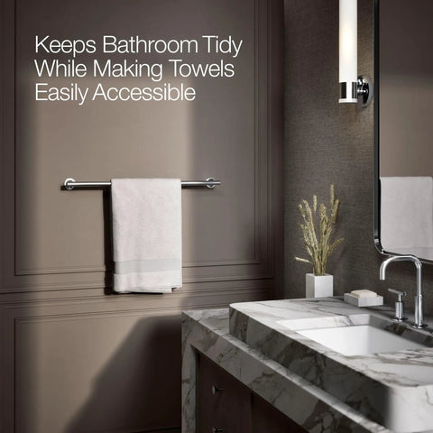 Purist 24 Inch Towel Bar Polished Chrome For A Sleek Bathroom Upgrade with a towel hanging in a modern bathroom setup.