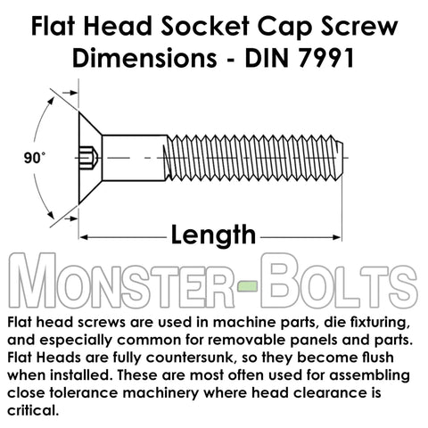 M4 X 15Mm Flat Head Socket Cap Screws Din 7991 Class 129 Alloy Steel Black Oxide Coated Fasteners with dimensions