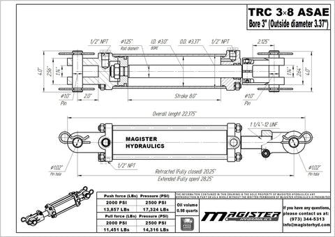 Double Acting Hydraulic Cylinder For Agriculture With Tie Rod Construction, 2500 PSI Rating, Three Inch Bore, Eight Inch Stroke, Half Inch NPT Ports, Retracted 20.25 Inches, Extended 28.25 Inches, 17,670 Lb Load Capacity, Heavy Duty diagram
