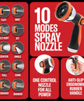 10-way zinc spray nozzle from 100 Ft Metal Garden Hose Set With No Kink Design, ergonomic handle, and multiple spray modes displayed.