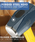 Close-up of Rock Solid 3 Pound Forged Steel Sledge Hammer head, showcasing polished steel and yellow handle for demolition use.