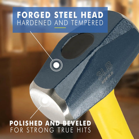 Close-up of Rock Solid 3 Pound Forged Steel Sledge Hammer head, showcasing polished steel and yellow handle for demolition use.