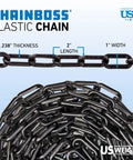 Close-up of black plastic chain with labeled dimensions for thickness, length, and width, highlighting Chainboss brand and USA-made label.