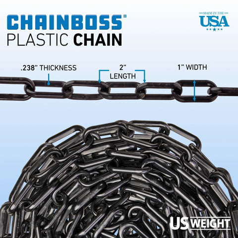 Close-up of black plastic chain with labeled dimensions for thickness, length, and width, highlighting Chainboss brand and USA-made label.