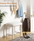 White Vanity Stool With Leather Cushioned Seat Small Vanity Chair for Makeup Desk in Entryway with plants and coat rack