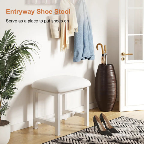 White Vanity Stool With Leather Cushioned Seat Small Vanity Chair for Makeup Desk in Entryway with plants and coat rack