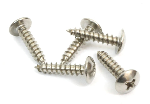 Size 10 X 3/4 Inch Truss Head Phillips Wood Screws, 100 Piece Bulk Featuring Top Shelf 304 Stainless Steel on white background.