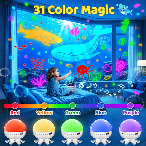 Child in bedroom using All In One Outdoor Speaker Sleep Sound Machine With Projector Star Light and 31 Color Lighting