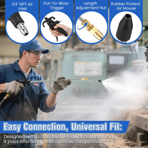 Man using Beefy Workhorse, Heavy Duty High Pressure Air Blow Gun With 27 To 42 Inch Extendable Wand in industrial setting