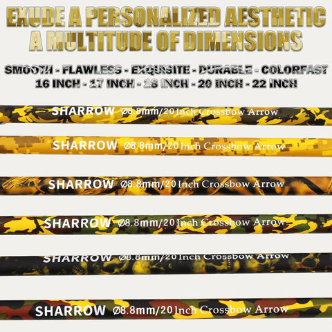 Camouflage carbon crossbow bolts with various dimensions shown, featuring 20 inch arrows for hunting and target practice.