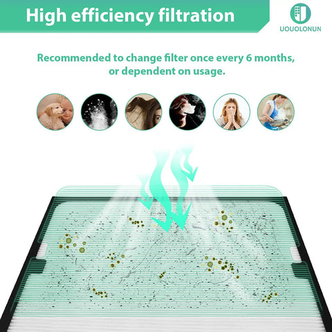 Two Pack Replacement HEPA Filters For 200 And 300 Series Air Purifiers, Easy Install, No Fuss Fit For Blueair 200 201 203 205 210 215 250 270 303 Models, Keeps Air Clean, Breathing Easy At Home, showcasing filtration efficiency with green particles and airflow graphics.