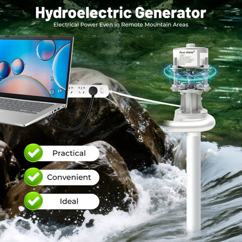 1000W Micro Hydro Generator Portable Hydropower System With Wide 110-220V Output for Streams and Off Grid Use, shown powering a laptop.