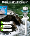 Beefy 1000W Hydro Turbine Generator For Off Grid Backup Power At Home 110V 220V beside a laptop in a rocky stream area.