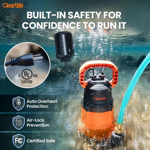 Beefy Submersible Sump Pump With Tethered Float Switch One Quarter Horsepower Utility Water Pump Copper Motor in use underwater