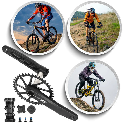 1x Mountain Bike Crankset 170mm With 36T Chainring And Bottom Bracket 6061 Alloy Hollowtech Crank; cyclists in action