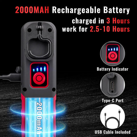 Rechargeable Detailing Light With Magnetic Base And Hook, 600 Lumen Handheld LED Swirl Finder battery features and USB port