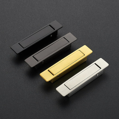 Assorted matte black flush mount pocket door pull handles shown in multiple finishes, featuring self-retracting mechanism and rust-resistant material.