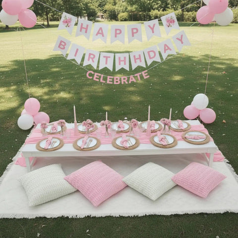 Extra Large Boho Picnic Blanket Set With Pink Table Runner 91 By 71 Inches Includes Six Pillow Covers And Six Napkins outdoors