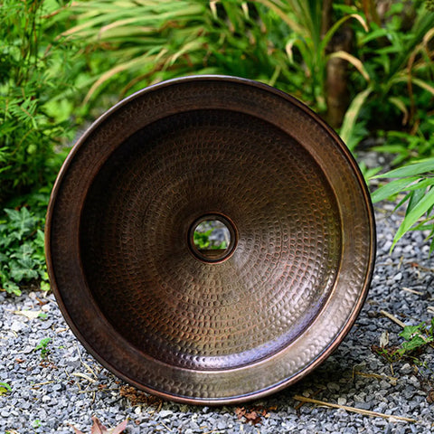 Bathroom Copper Sink with intricate hammered design, 16in diameter, perfect for face washing and home decoration.