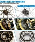 Before and after use of Compact Mini Grease Gun Kit With High Performance Bicycle Grease showing bicycle hubs and bearings