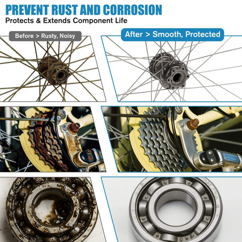 Before and after use of Compact Mini Grease Gun Kit With High Performance Bicycle Grease showing bicycle hubs and bearings