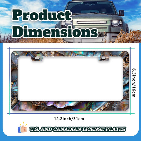 Abalone Shell License Plate Frame Made From Stainless Steel For Front And Rear Car Tags With Screws Durable 6.3 By 12.2 Inches Adds Unique Style To Your Ride For Women And Men A Fun Car Decoration Accessory, product dimensions with SUV background