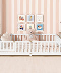 Full Size Floor Bed With Fence And Door For Toddlers And Kids, Safe Guardrails, Wooden Platform Bed With Rubber Wood Construction And 7 Slat Base, White Finish For Cozy, Chill Sleep.