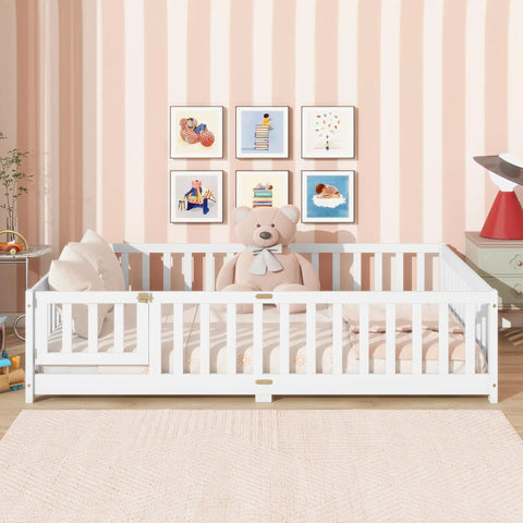 Full Size Floor Bed With Fence And Door For Toddlers And Kids, Safe Guardrails, Wooden Platform Bed With Rubber Wood Construction And 7 Slat Base, White Finish For Cozy, Chill Sleep.