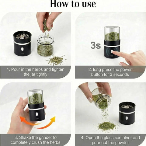 Steps to use On The Go Portable Mini Electric Grinder for Spices and Herbs with 50ml jar and stainless steel blades