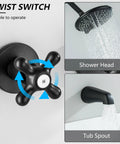 Three-Handle Tub And Shower Faucet Set In Dope Matte Black With 6-Inch Shower Head, Tub Spout, And Three Knobs Trim Kit